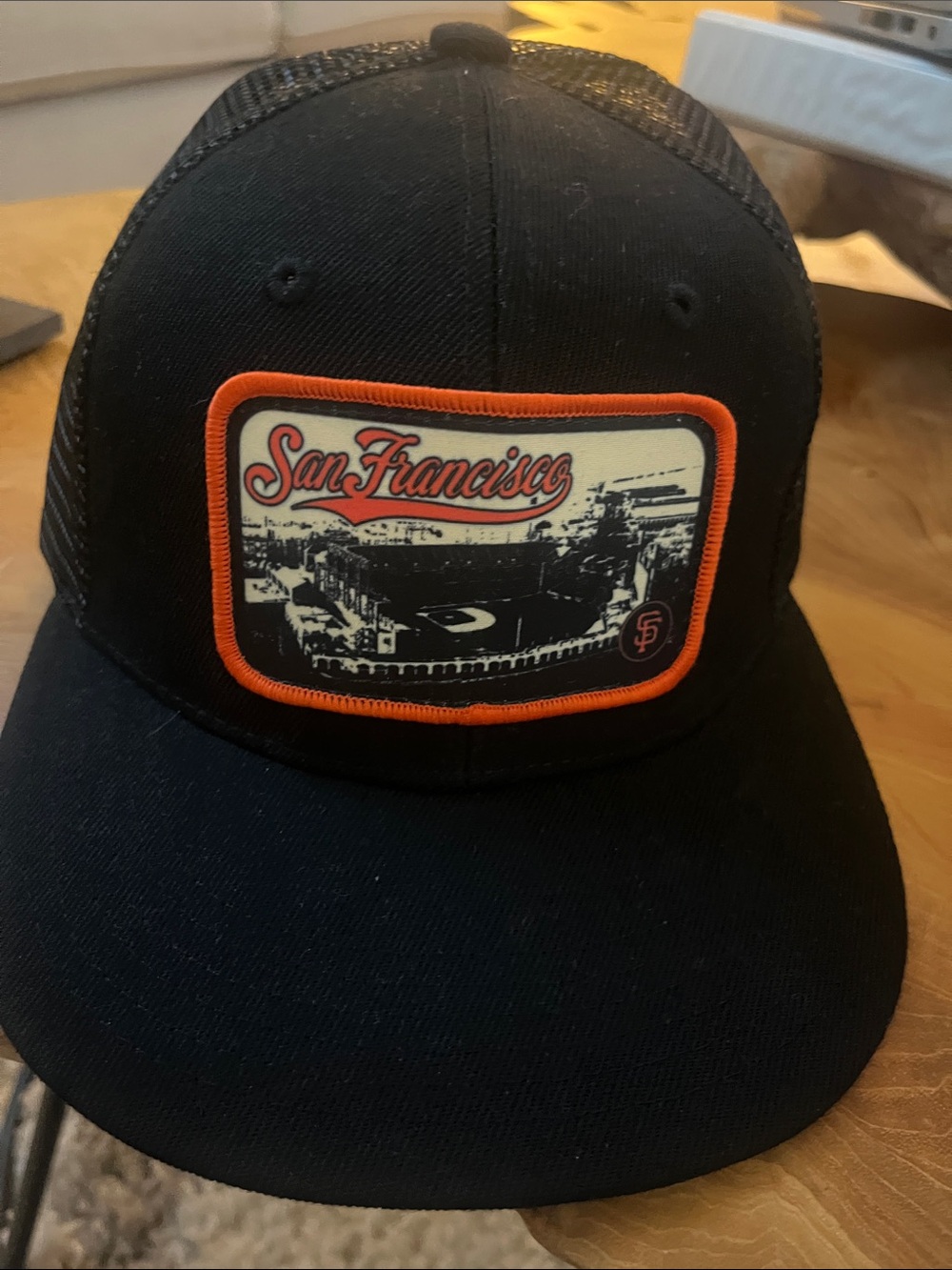 San Francisco Giants Patch Mesh Trucker Hat - Black with Orange Trim